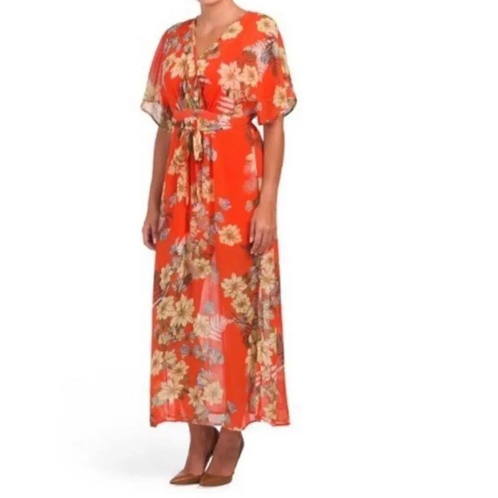 Love Fire Tropical Print Bohemian Floral Flutter Sleeve Semi Sheer Maxi Dress